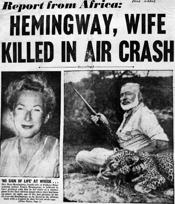 Heminway killed in crash nwspaper headline